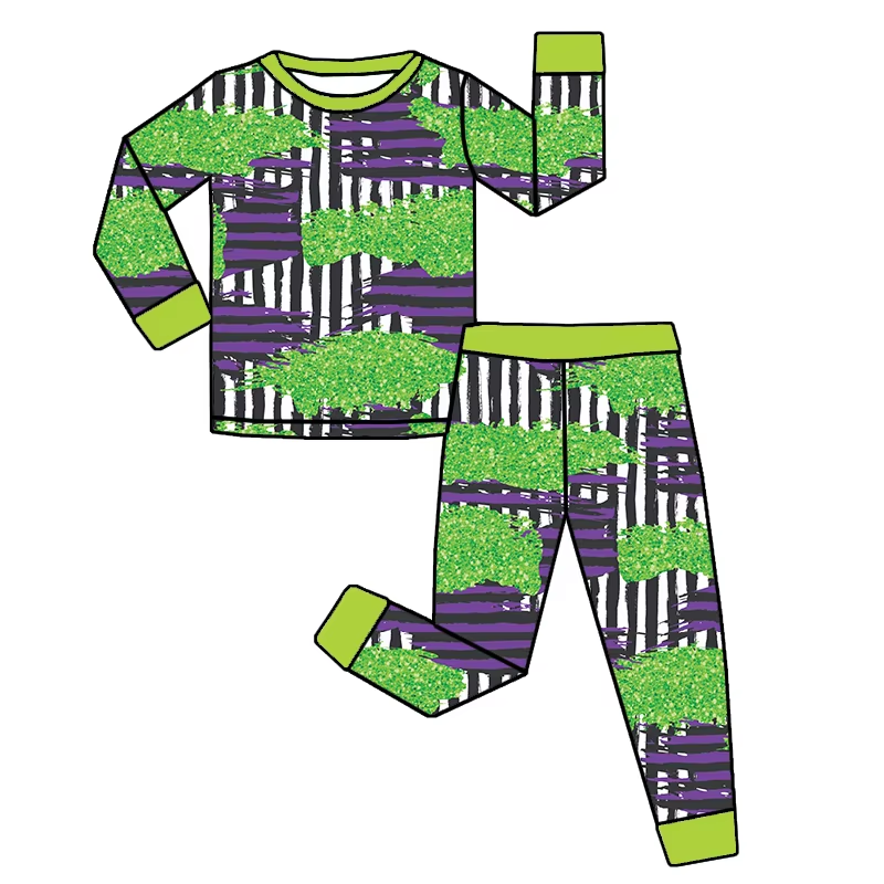 Baby Boys Long Sleeves Green Purple Stripe Camo Top Pant Pajamas Set Preorder