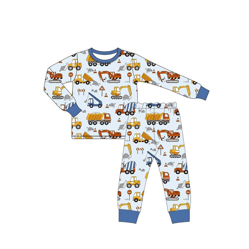 Baby Boys Blue Long Sleeves Excavators Plaid Top Pant Pajamas Set Preorder