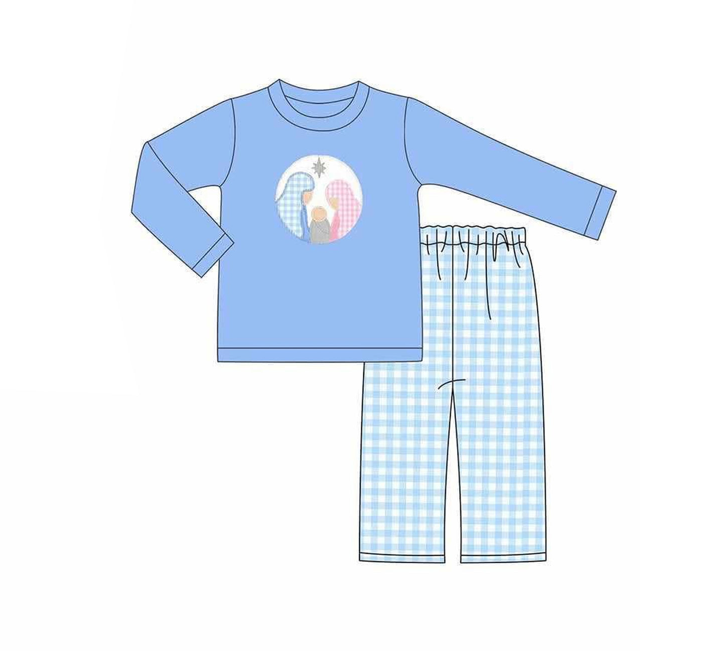 Baby Boys Blue Long Sleeves Nativity Top Plaid Pocket Pant Set Preorder