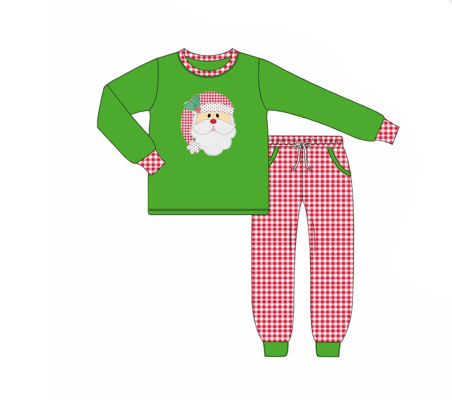 Preorder moq 5 Baby Boys Green Santa Top Pockets Leggings Christmas Clothes Set