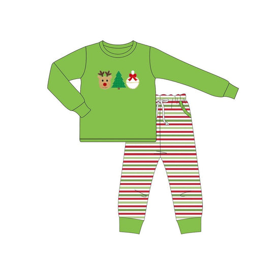 Baby Boys Green Long Sleeves Deer Tree Top Stripes Pockets Pant Set Preorder