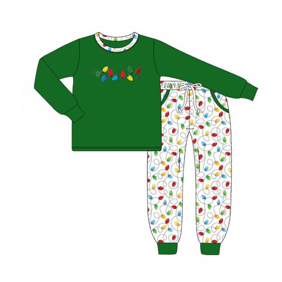 Preorder moq 5 Baby Boys Dark Green Lights Top Pockets Pant Christmas Set