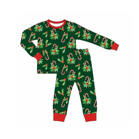 Baby Boys Dark Green Long Sleeves Holly Candy Cane Top Pant Pajamas Set Preorder