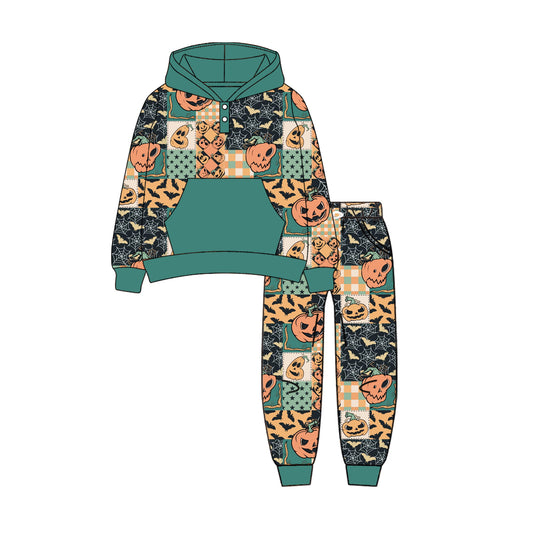 Baby Boys Ghost Pumpkins Plaid Pocket Hoodies Top Legging Pant Set Preorder