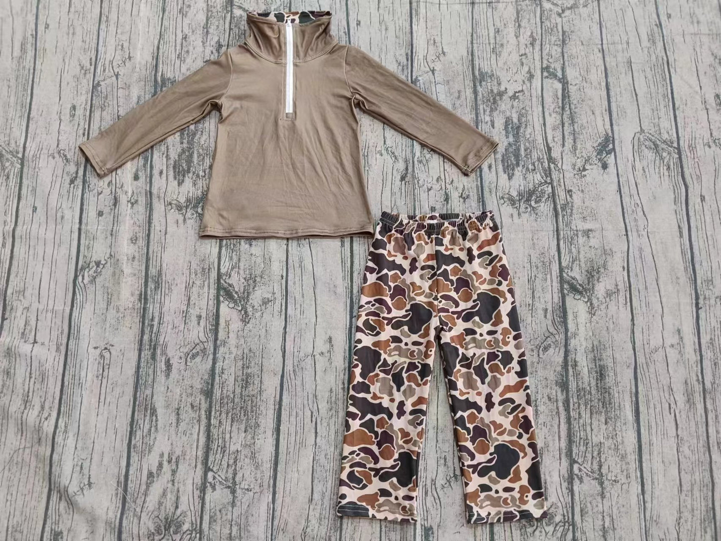 Preorder moq 5 Baby Boys Olive Long Sleeves Zipper Top Camo Pant Western Set
