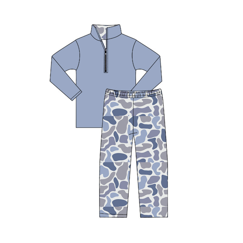 Preorder moq 5 Baby Boys Blue Long Sleeves Zipper Top Camo Pant Western Set