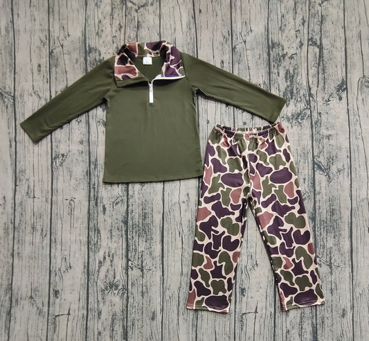 Baby Boys Dark Green Long Sleeves Zipper Top Camo Pant Western Set
