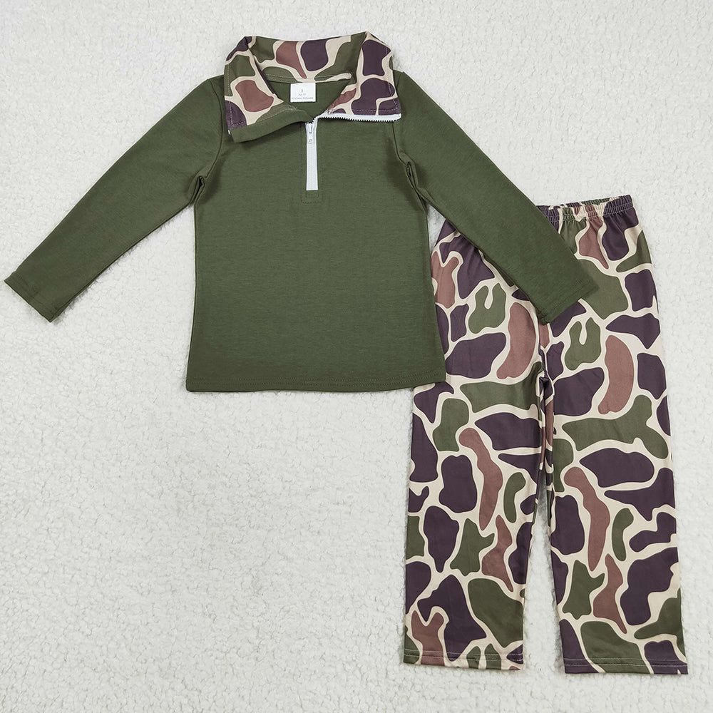 Baby Boys Dark Green Long Sleeves Zipper Top Camo Pant Western Set