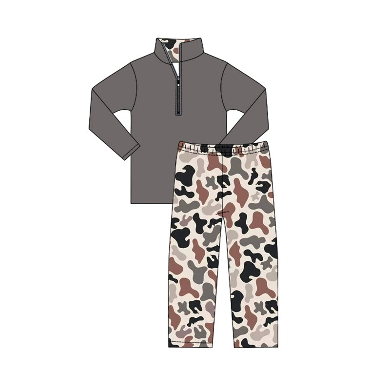 Baby Boys Dark Gray Long Sleeves Zipper Top Camo Pant Western Set Preorder