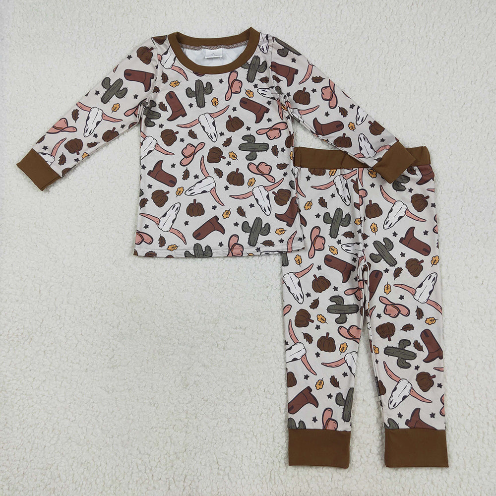 Sibling Baby Boys Western Bull Skull Cactus Rompers Pajamas Clothes Sets