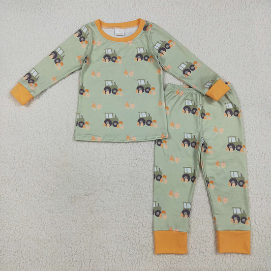 Baby Boys Green Long Sleeves Pumpkins Trucks Top Pant Pajamas Sets
