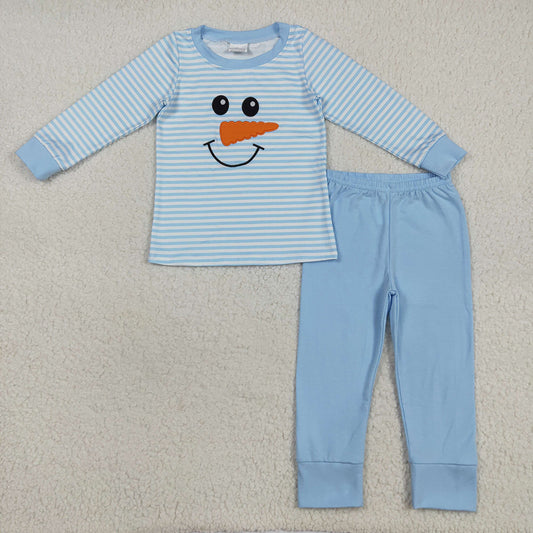 Embroidery Baby Boys Light Blue Stripe Winter Snowman Top Pant Pajamas Sets