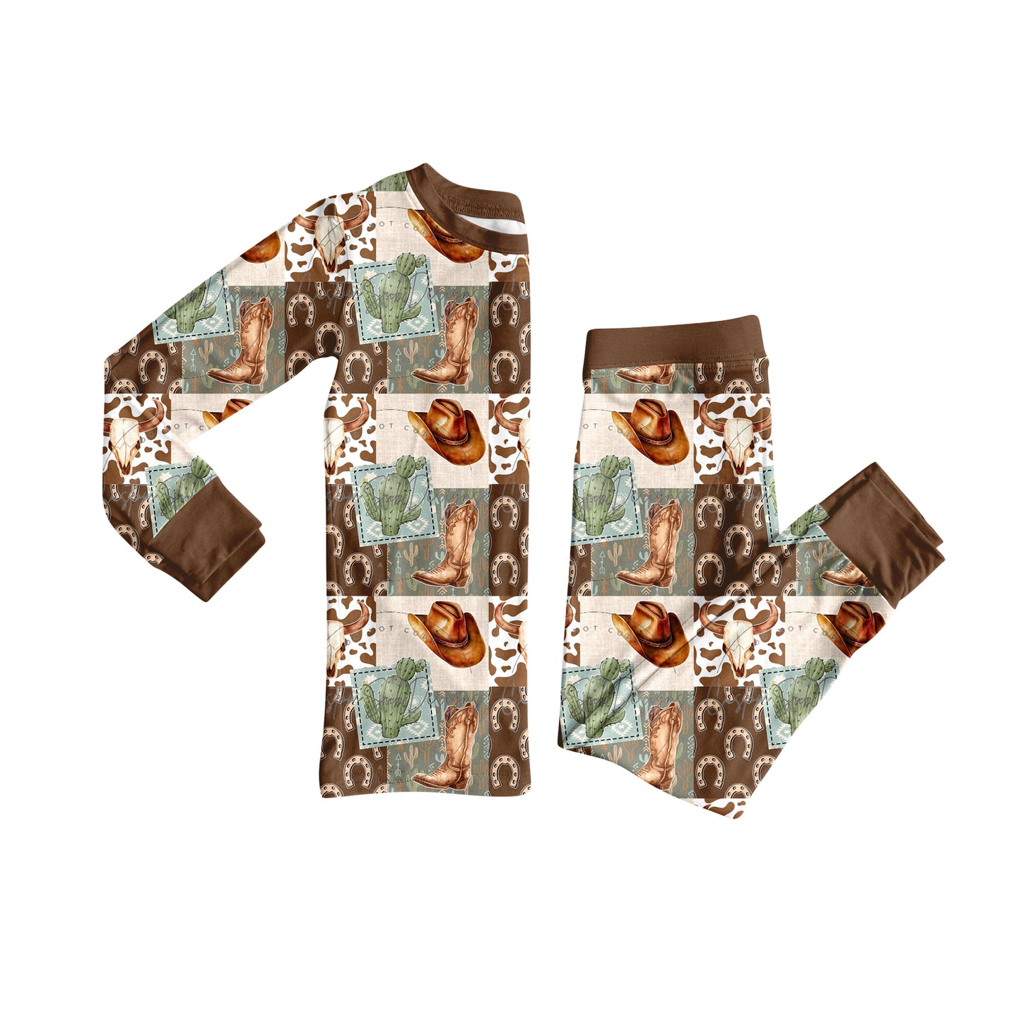 Baby Boys Long Sleeves Cactus Boots Plaid Top Pant Pajamas Set Preorder