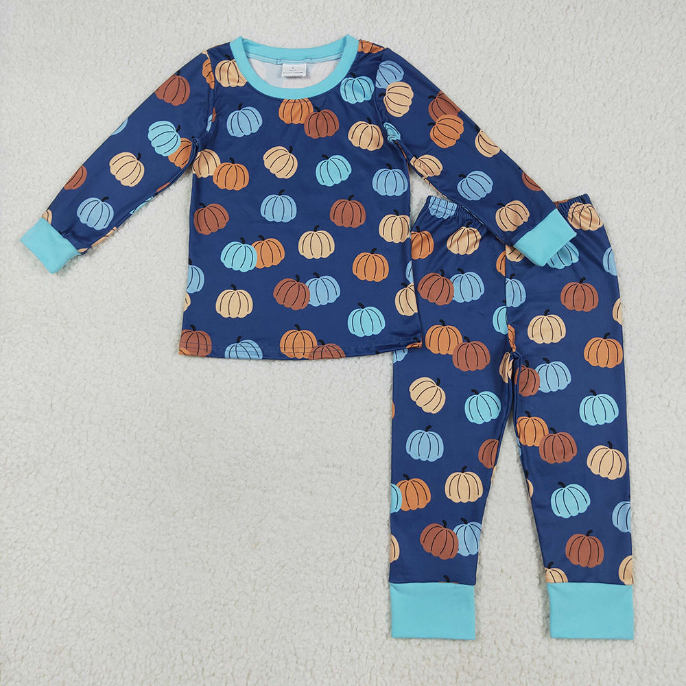 Sibling Baby Boys Blue Pumpkins Fall Outfits Pajamas Rompers Sets