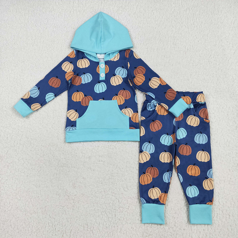 Baby Boys Colorful Pumpkins Pocket Button Hoodies Legging Pants Sets
