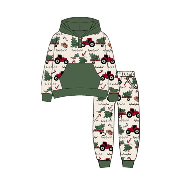 Preorder moq 5 Baby Boys Truck Christmas Trees Pocket Hoodie Top Pant Set
