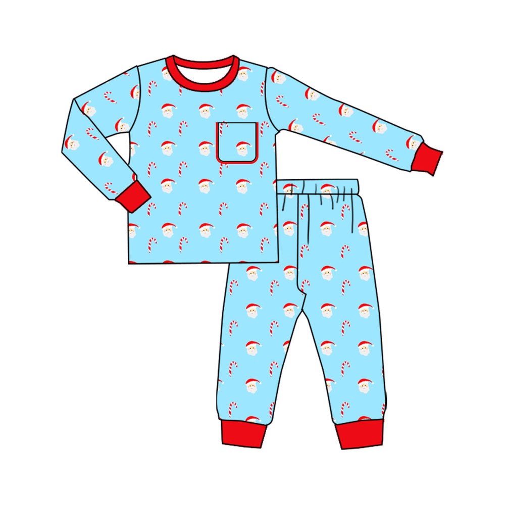 Preorder moq 5 Baby Boys Blue Santa Candy Cane Top Pant Christmas Pajamas Set