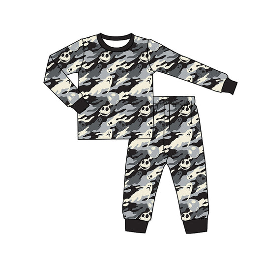 Baby Boys Long Sleeves Black Camo Ghosts Smiles Top Pant Pajamas Set Preorder