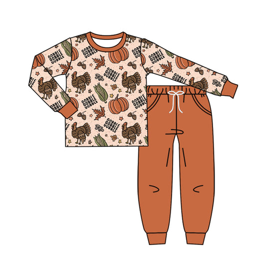 Baby Boys Long Sleeves Turkey Pumpkins Plaid Top Pockets Pant Set Preorder