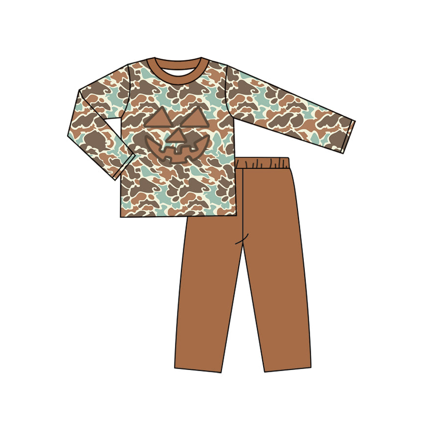 Baby Boys Brown Camo Long Sleeves Ghost Pumpkins Top Pant Western Set Preorder