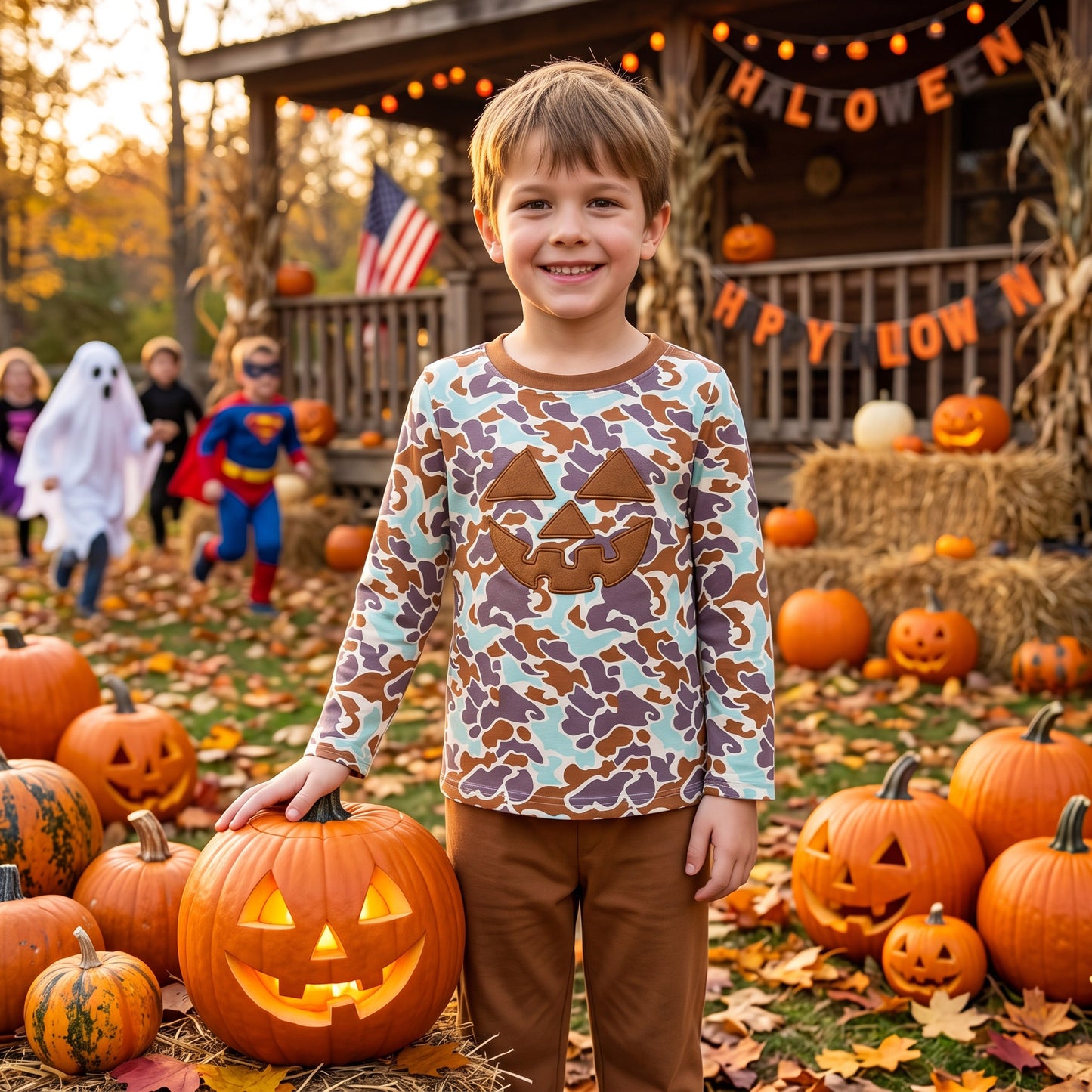 Embroidery Ghost Pumpkins Baby Boys Camo Top Pant Halloween Clothes Set