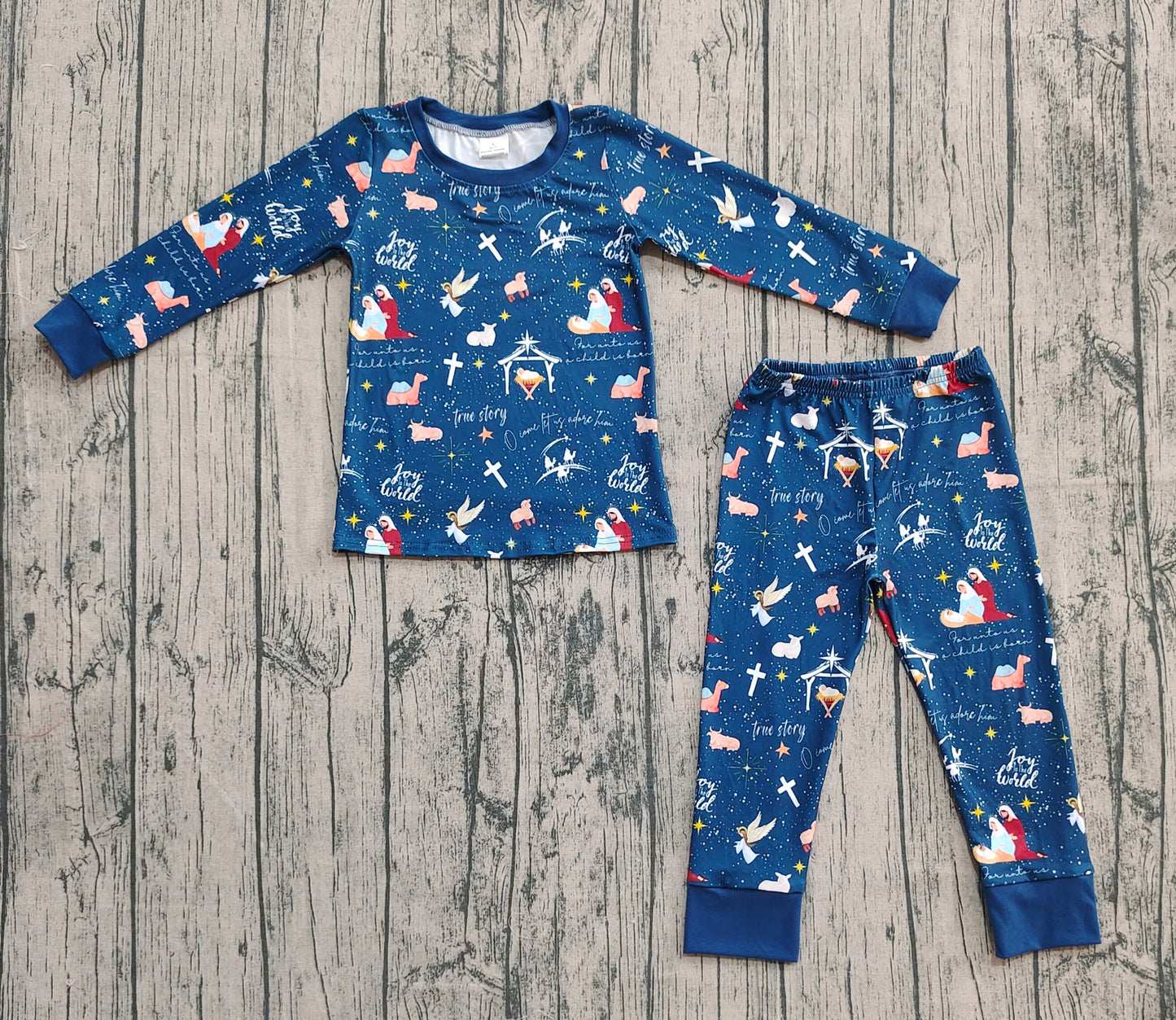 Baby Boys Navy Blue Nativity Top Pant Christmas Pajamas Sets