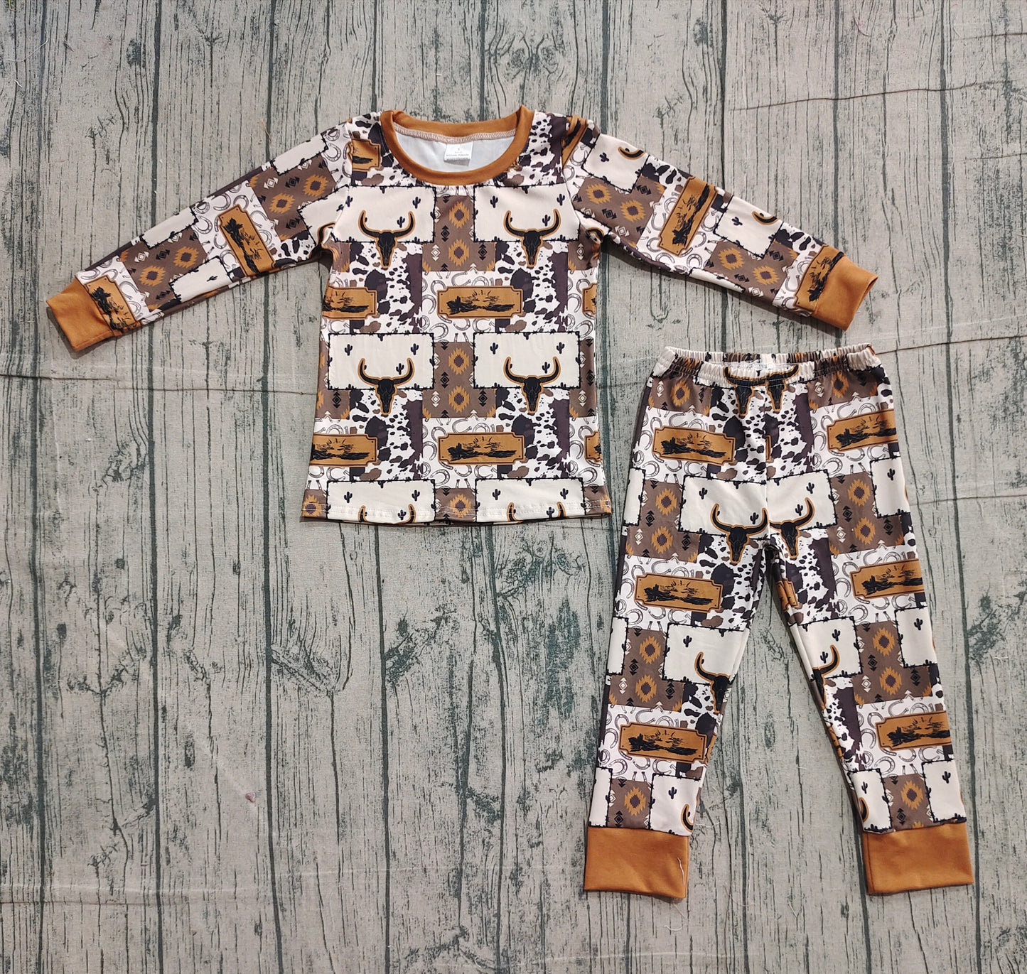 Baby Boys Bull Skull Aztec Checked Top Pants Western Pajamas Set