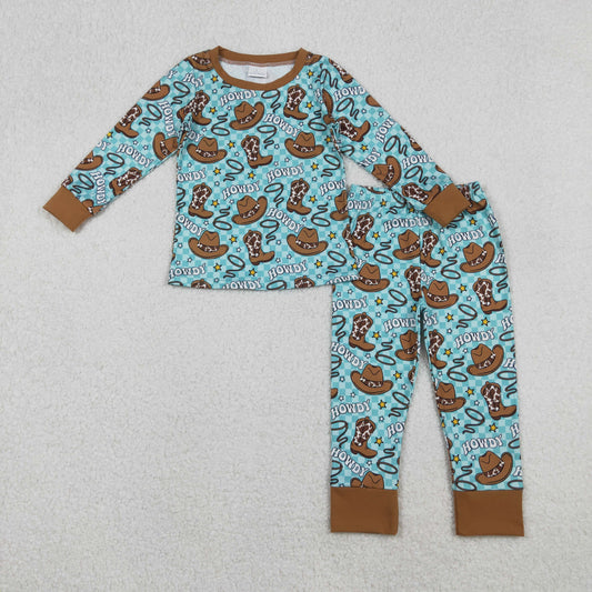 Sibling Baby Boys Girls Long Sleeve Bull Skulls Boots Hats Top Pants Western Pajamas Sets