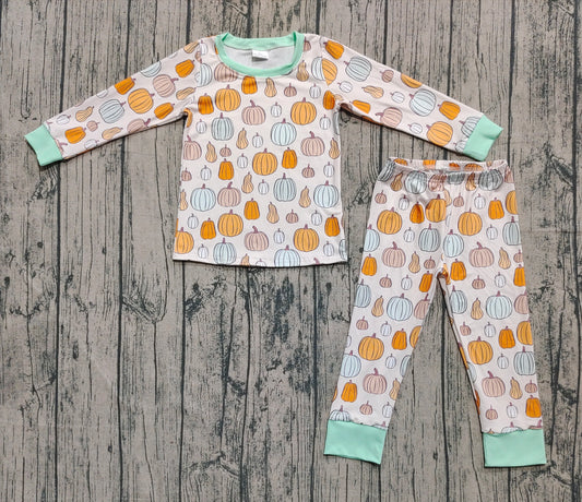 Baby Boys Fall Green Pumpkins Top Pant Fall Pajamas Sets
