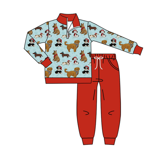 Baby Boys Dogs Zipper Pullovers Pockets Legging Pant Clothes Set Preorder
