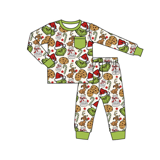 Baby Boys Green Face Milks Pocket Top Pant Christmas Pajamas Set Preorder