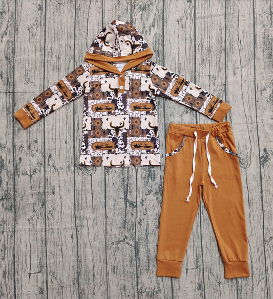 Baby Boys Aztec Bull Skull Button Hoodies Pockets Pant Western Clothes Sets