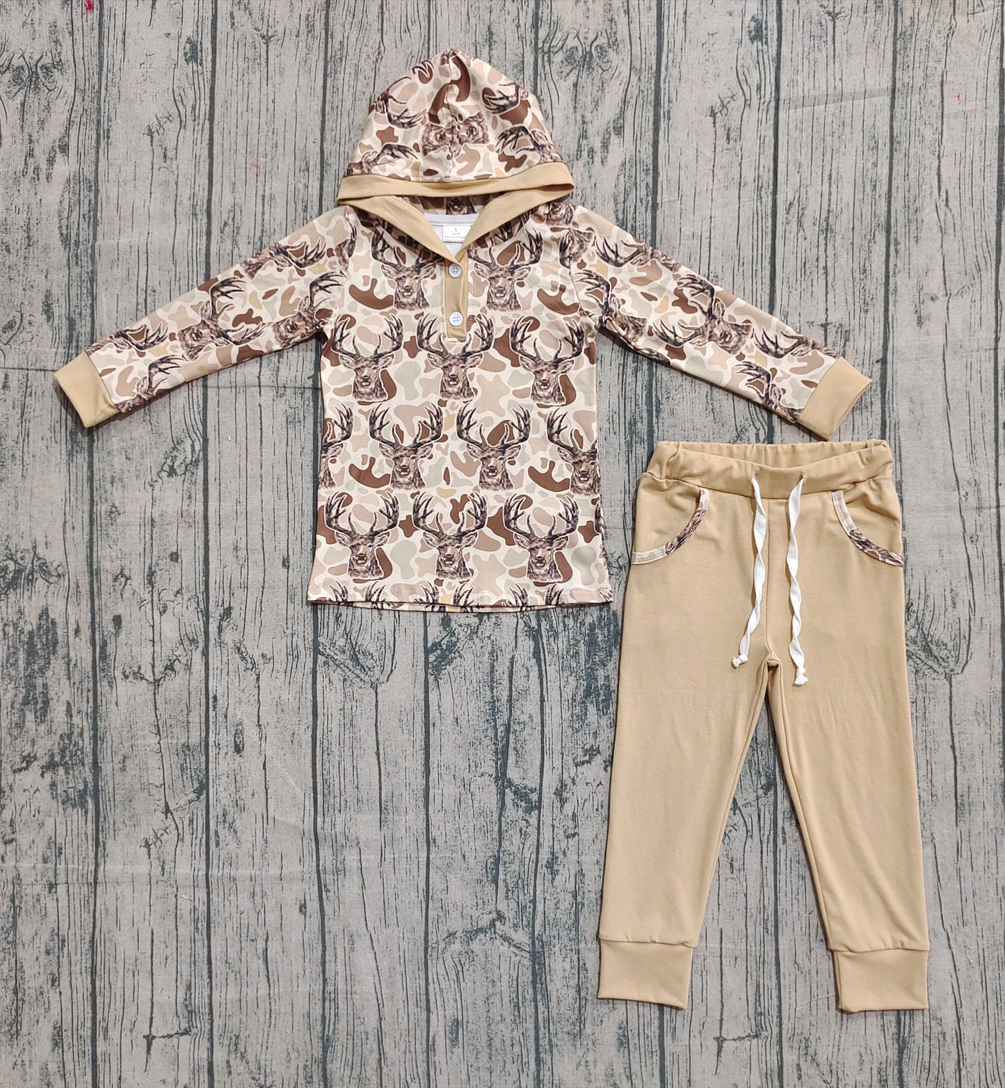 Baby Boys Khaki Camo Deer Button Hoodies Pockets Leggings Hunting Clothes Set