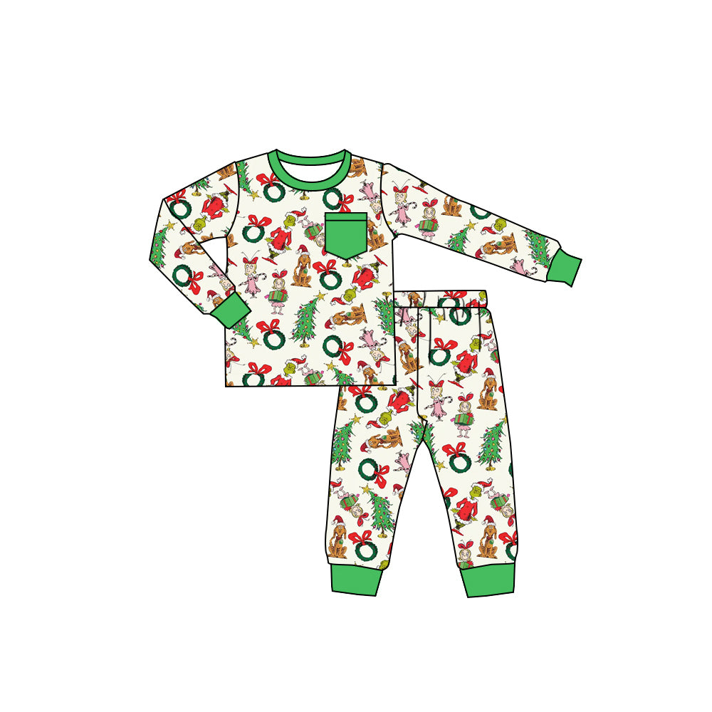 Baby Boys Green Faces Gifts Trees Top Pant Christmas Pajamas Set Preorder