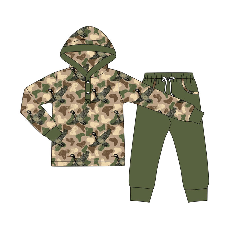 Baby Boys Green Camo Ducks Button Hoodies Pockets Leggings Western Set Preorder