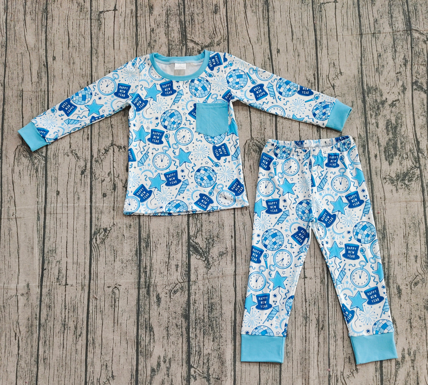 Baby Boys Blue Pocket Happy New Year Top Pant Pajamas Set