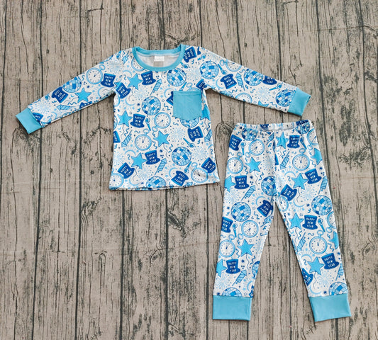 Baby Boys Blue Pocket Happy New Year Top Pant Pajamas Set