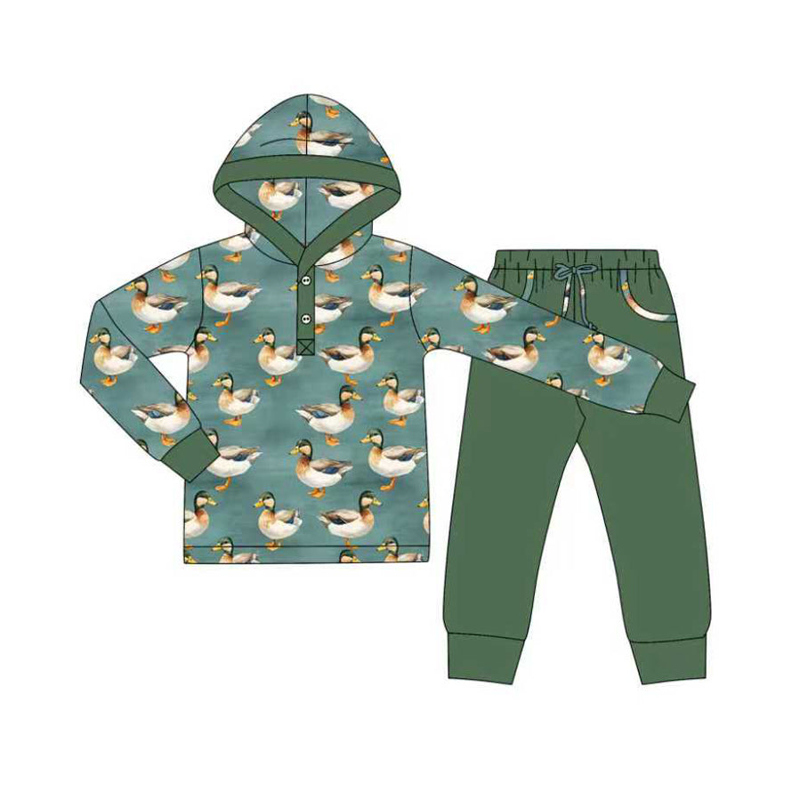 Baby Boys Green Button Ducks Plaid Hoodies Pockets Pant Clothes Set Preorder