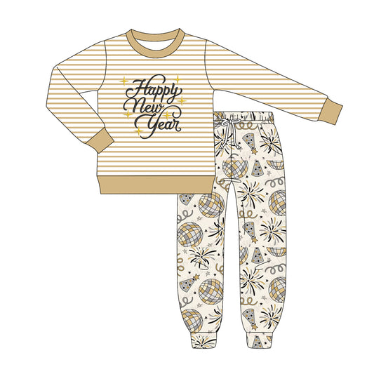 Baby Boys Khaki Stripe Happy New Year Top Pockets Jogger Pant Set Preorder