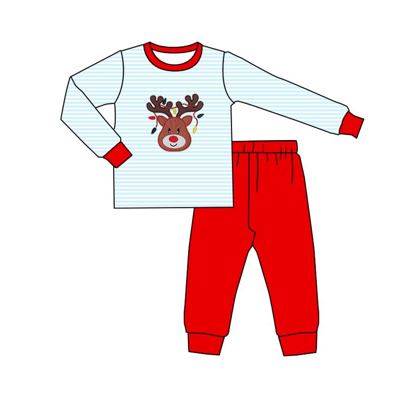 Baby Boys Blue Stripe Deer Lights Top Pants Christmas Clothes Sets Preorder