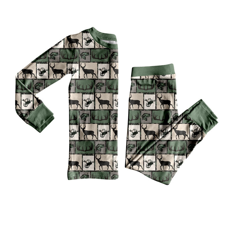 Baby Boys Green Deer Fishes Checked Western Hunting Pajamas Sets Preorder