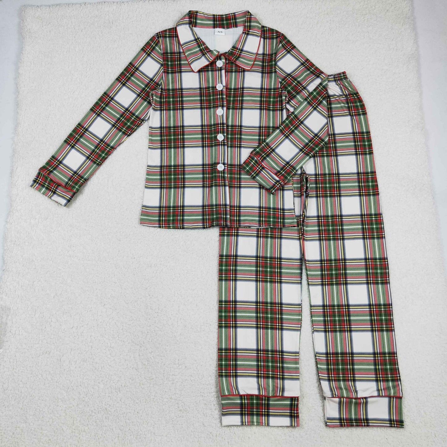 Family Adult Kids Green Red Checked Christmas Pants Pajamas Sets