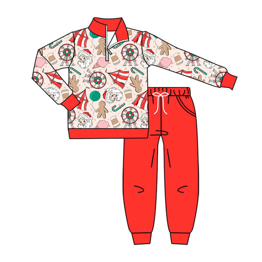 Baby Boys Santa Coffee Zipper Pullover Pockets Jogger Pants Christmas Clothes Sets Preorder