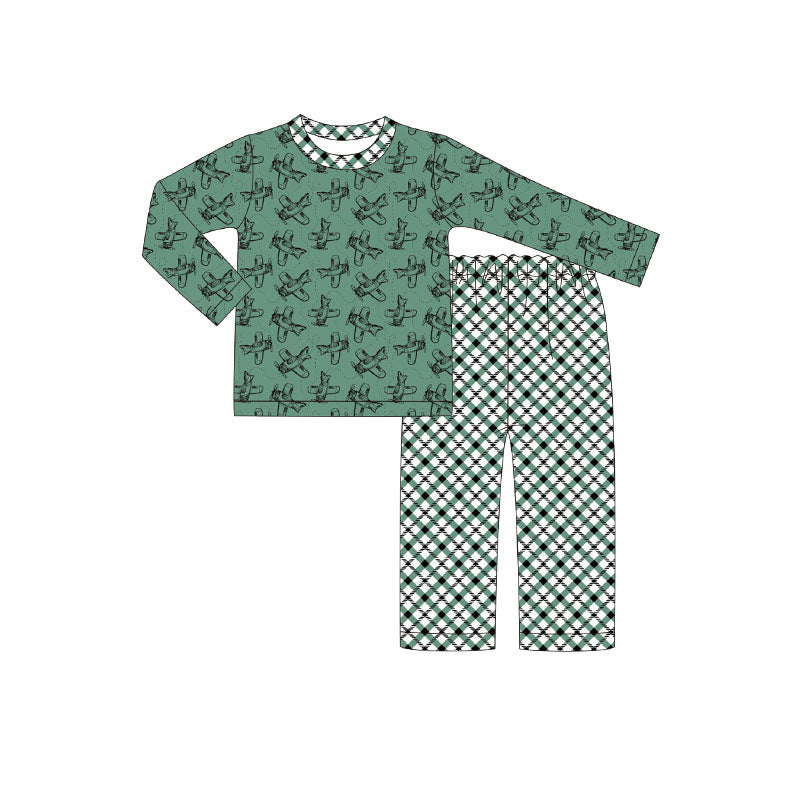 Baby Boys Log Sleeve Green Planes Top Checked Pants Clothes Sets Preorder
