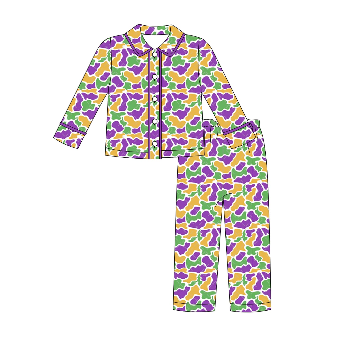Baby Boys Green Yellow Purple Camo Button Top Pants Mardigras Pajamas Sets Preorder