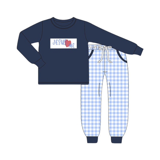 Baby Boys Jesus Love Me Top Checked Pockets Pants Clothes Sets Preorder