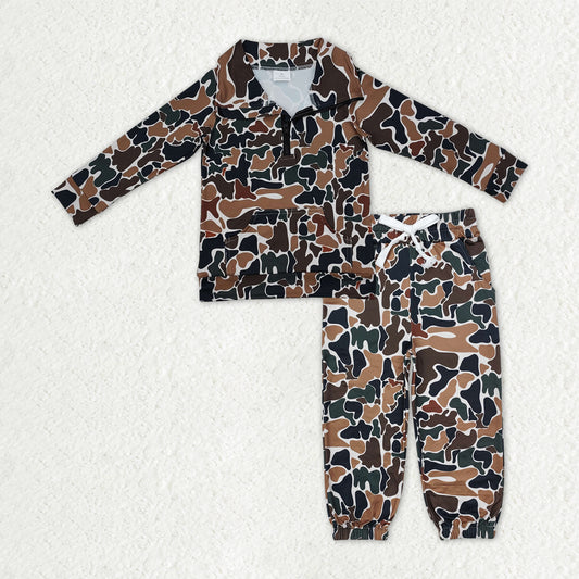 Baby Boys Dark Brown Camo Long Sleeves Pocket Zipper Pullover Top Jogger Pants Clothes Set