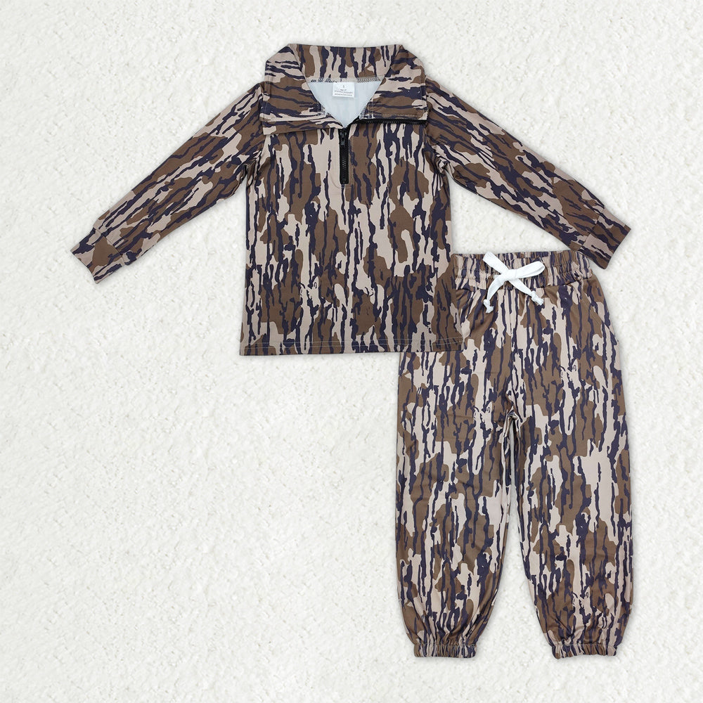 Baby Boys Olive Camo Long Sleeves Zipper Pullover Pocket Jogger Pants Clothes Set
