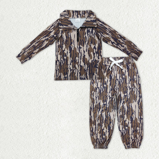 Baby Boys Olive Camo Long Sleeves Zipper Pullover Pocket Jogger Pants Clothes Set