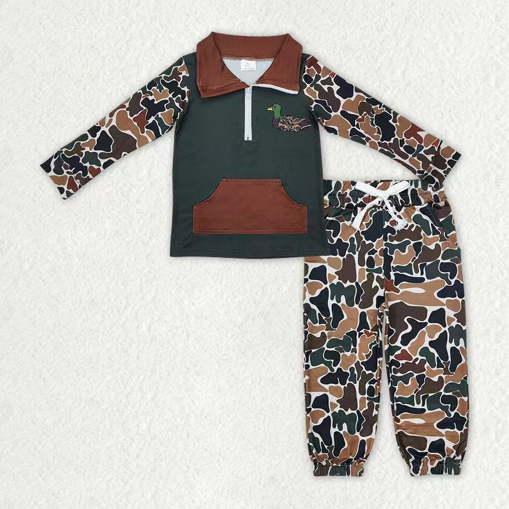 Embroidery Duck Baby Boys Dark Brown Camo Pocket Zipper Pullover Jogger Clothes Set